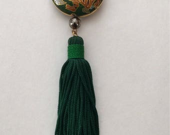 1970's Cloisonee Tiger Pendant Tassel Necklace