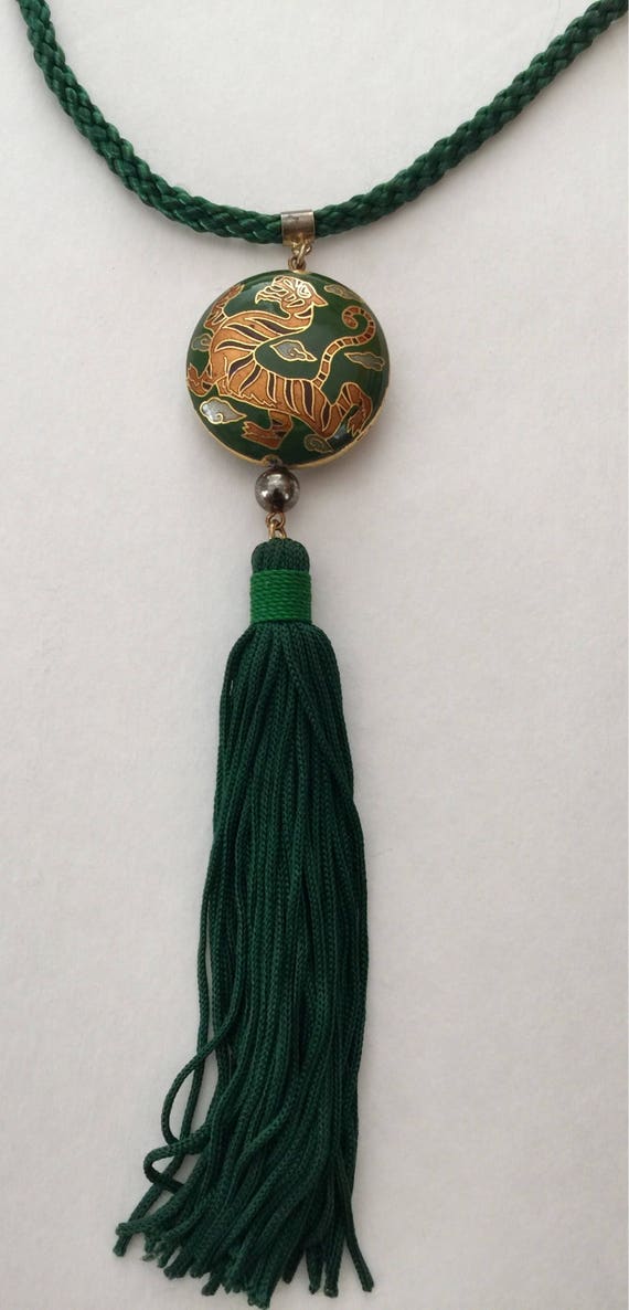 1970's Cloisonee Tiger Pendant Tassel Necklace