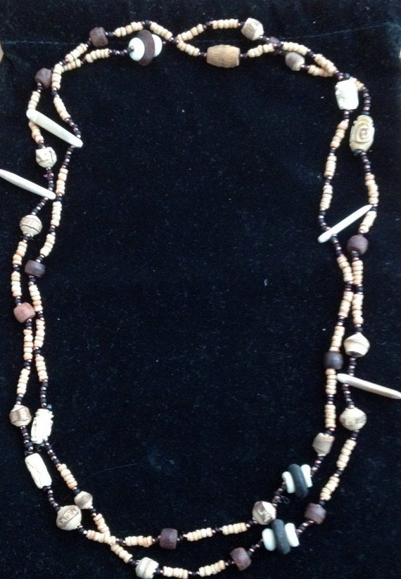 Handmade mixed beaded necklace with wood and shell