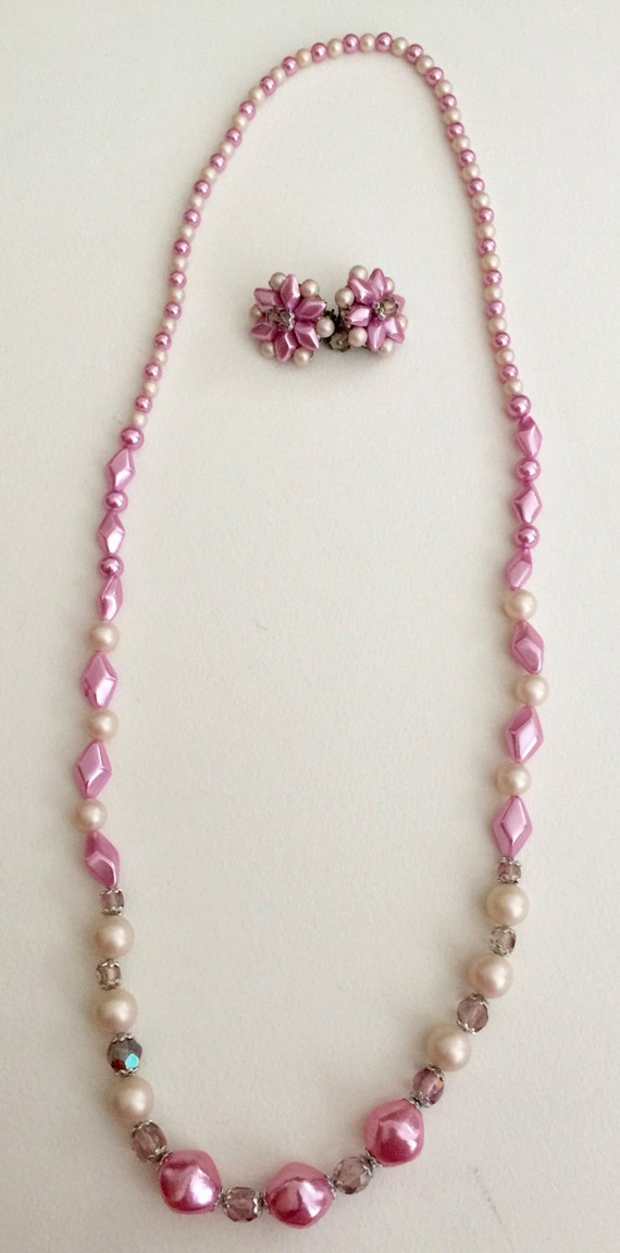 1940's - 1950's Pink Pearlescent & Pink Glass Long