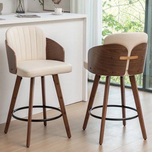 Set of 2 Beige Swivel 26" Counter Stool, Wooden Bar Stool