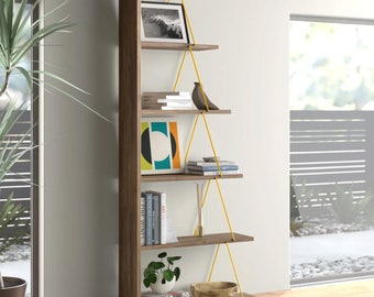 Ladder Bookcase, Rubberwood, Metal Frame, Freestanding Bookshelf