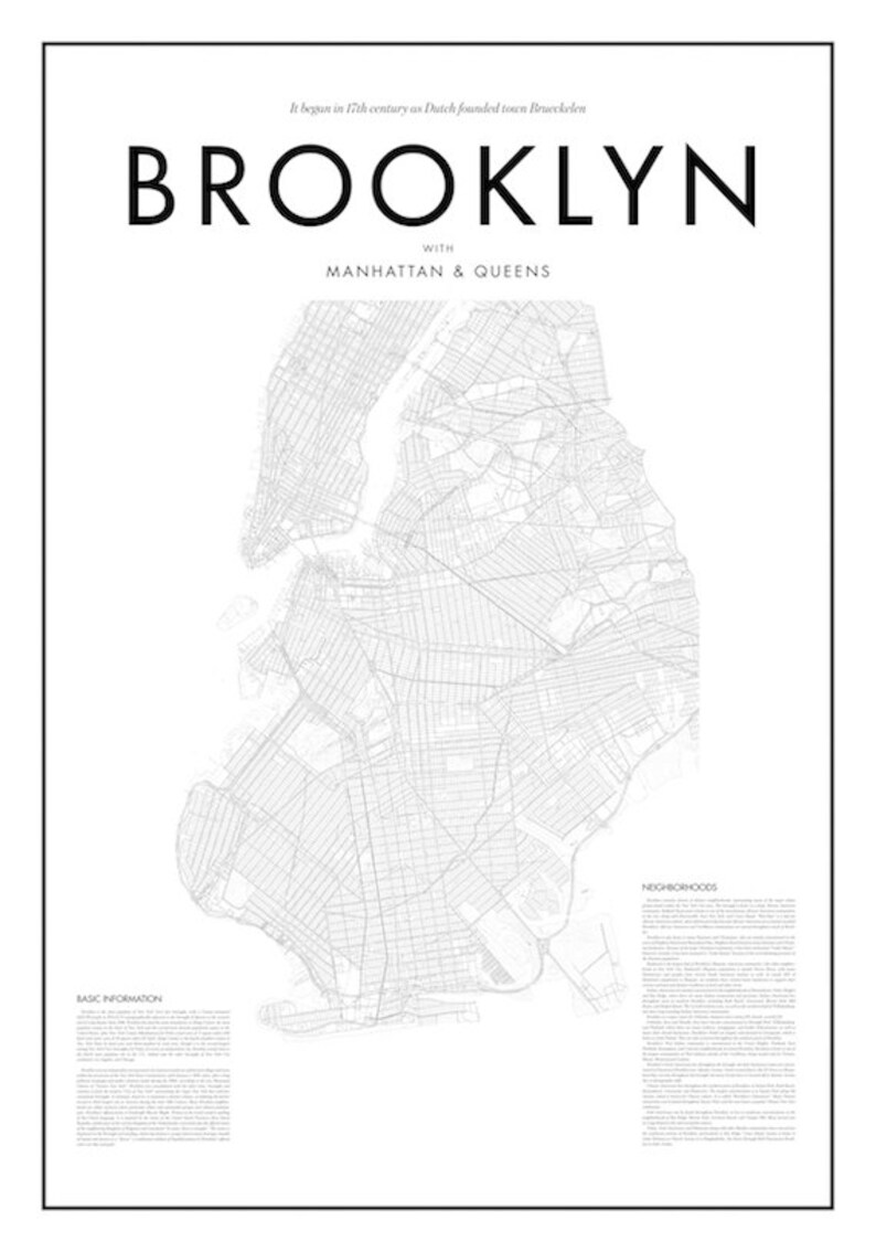 Minimal Brooklyn Map Poster Black & White Minimal Print Etsy