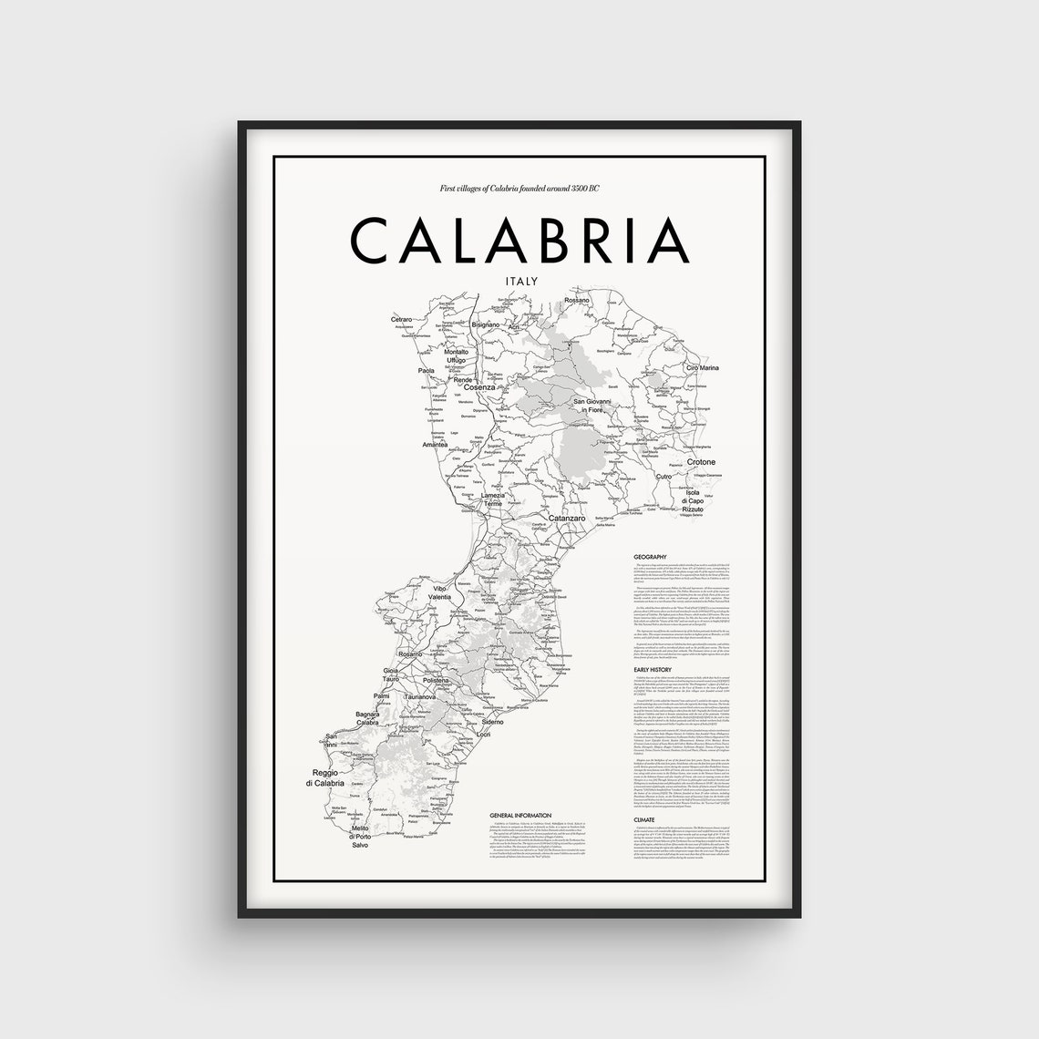 Calabria Map Poster South Italy Map Black & White | Etsy