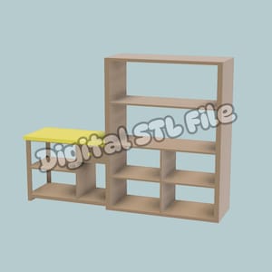 May include: A light brown wooden shelving unit with a yellow bench. The shelving unit has multiple open shelves of varying sizes. The bench is rectangular and has a yellow top. The text "Digital STL File" is overlaid on the image.