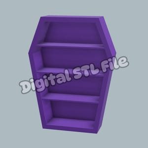 Puede incluir: Una estantería morada con forma de ataúd con tres estantes. La estantería está hecha de un material sólido y tiene un acabado mate. El texto "Digital STL File" es visible en la imagen.