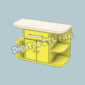 Pode incluir: Um armário amarelo com tampo branco e bordas arredondadas. Possui uma gaveta, duas portas e prateleiras abertas nas laterais. O texto "Digital STL File" é visível.
