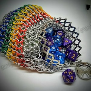 New Style Rainbow or Custom Colored Chainmail Dice Bag/Pouch with expandable top.