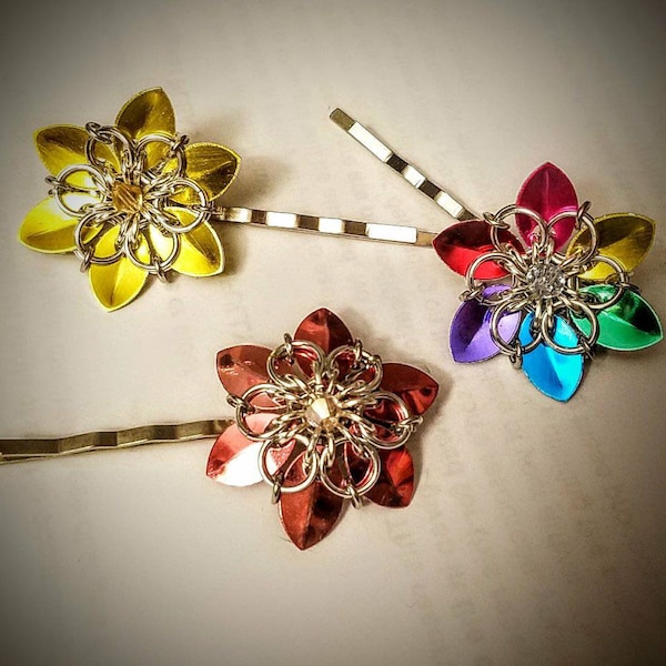 Tiny Scale Mail Flower Bobby Pin and Hair Clip