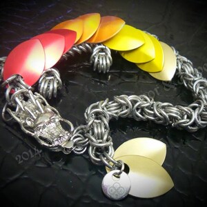May include: A silver dragon scale chainmail bracelet with a dragon head charm. The scales are red, orange, and yellow.