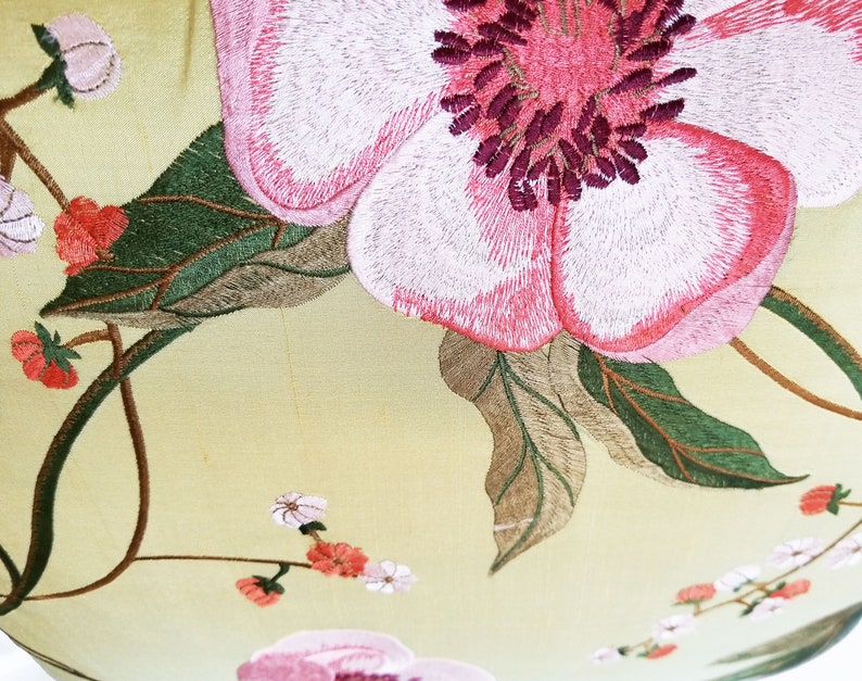 Embroidered Silk Pillow in Large Scale Pink and Green Floral with Contrasting Minuet Pure Silk Velvet in Heritage Green Reverse