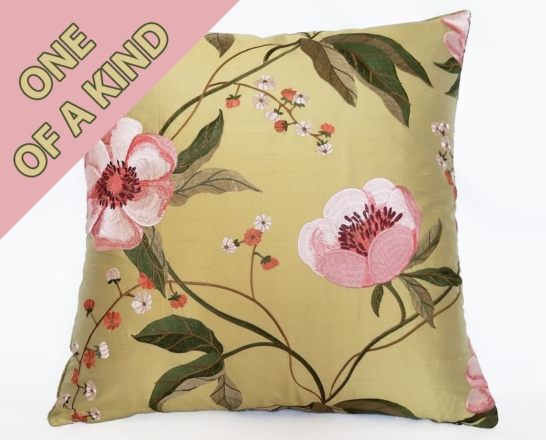 Embroidered Silk Pillow in Large Scale Pink and Green Floral with Contrasting Minuet Pure Silk Velvet in Heritage Green Reverse