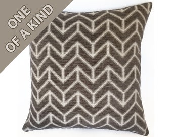 Chevron Geometric Pillow in Graphite Grey and White Pattern Chenille with Grey Velvet Reverse