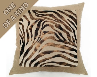 Metallic Tiger Pillow in Gold and Black Embossed Stripe on Tan Faux Suede Decorative Throw Pillows with Contrasting Tan Microfiber Reverse