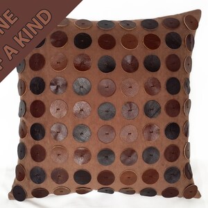 Leather Throw Pillow - Brown UltraSuede Decorative Throw Pillow Embellished with Real Leather Discs in Shades of Brown