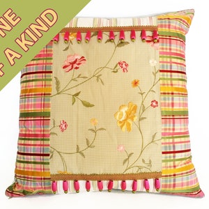 Floral Silk Pillow with Pure Silk Embroidery with Plaid and Striped Silk Borders, Beaded Tassel Fringe and Spring Green Velvet Reverse