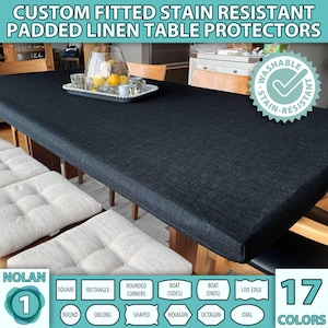 PADDED LINEN Tablecloth NOLAN Stain-Resistant Custom Size Fitted Rectangle Square Child Friendly Washable Handmade Table Cover Protector