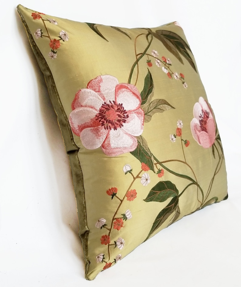 Embroidered Silk Pillow in Large Scale Pink and Green Floral with Contrasting Minuet Pure Silk Velvet in Heritage Green Reverse