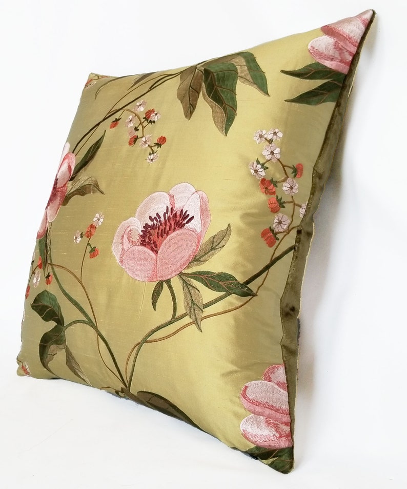 Embroidered Silk Pillow in Large Scale Pink and Green Floral with Contrasting Minuet Pure Silk Velvet in Heritage Green Reverse