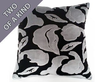 Abstract Organic Pillows in Grey and Black Cut Velvet Pattern with Contrasting Black MicroSuede Reverse - Sabrina Iron