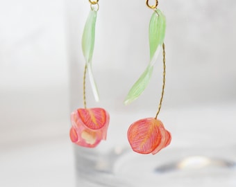 Red Tulip Drop Earrings - Pencil Drawing Style Tulip Flower with Green Leaf Drop Earrings - Purple Yellow available - free gift box