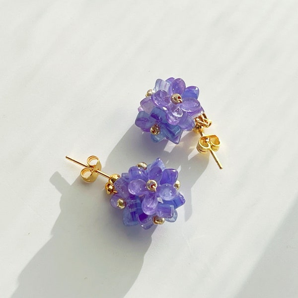 Purple White Hydrangea Earrings -  Summer Hydrangea Flower Globe Shape Earrings with Sterling Silver Stud - free gift box
