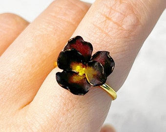 Handmade Spring Black Velvet Pansy Flower Ring