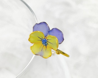 Handmade Spring Purple and Yellow Pansy Flower Ring