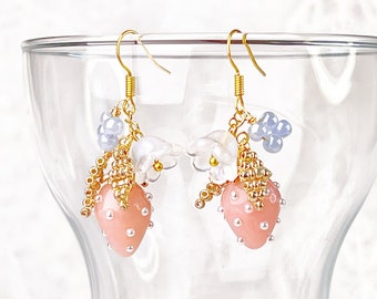 Handmade Pink Strawberry and Flower Earrings