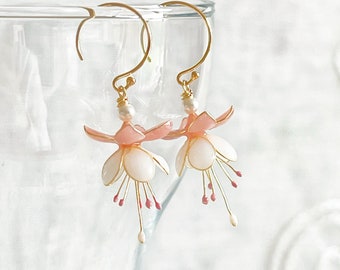 Pink and White Fuchsia Flower Earrings