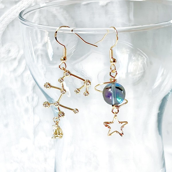 Gold Constellation Zodiac Star Signs Horoscope Mismatch Drop Earrings