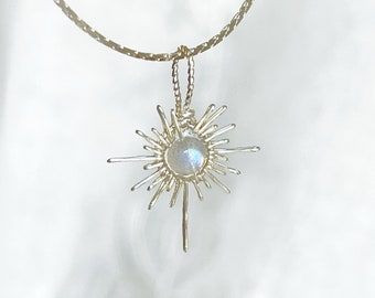 Blue Moonstone Silver Sun Pendant Necklace