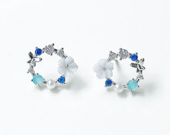 Blue Flower Silver Wreath Earrings