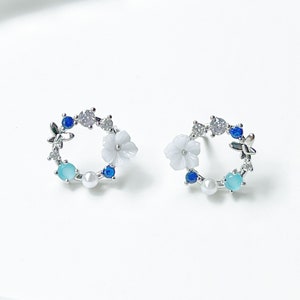 Blue Flower Silver Wreath Earrings