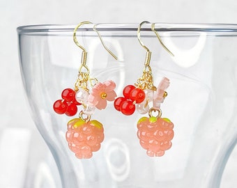 Handmade Pink Raspberry and Flowers Earrings