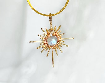 Blue Moonstone Gold Sun Pendant Necklace