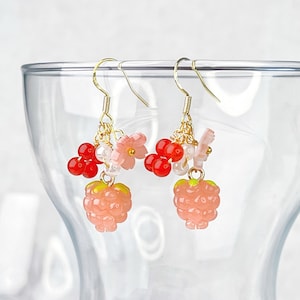 Handmade Pink Raspberry and Flowers Earrings