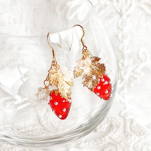 Handmade Strawberry Gold Leaf Beaded Earrings