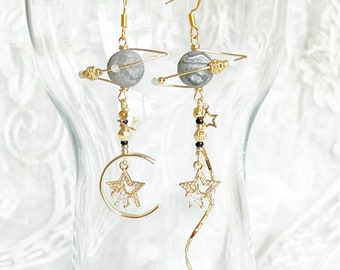 Grey Picaaso Jasper Nature Stone Planet Stars Earrings