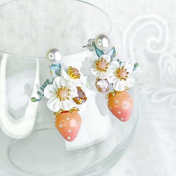 Pink Strawberry and Fabric Flowers Earrings