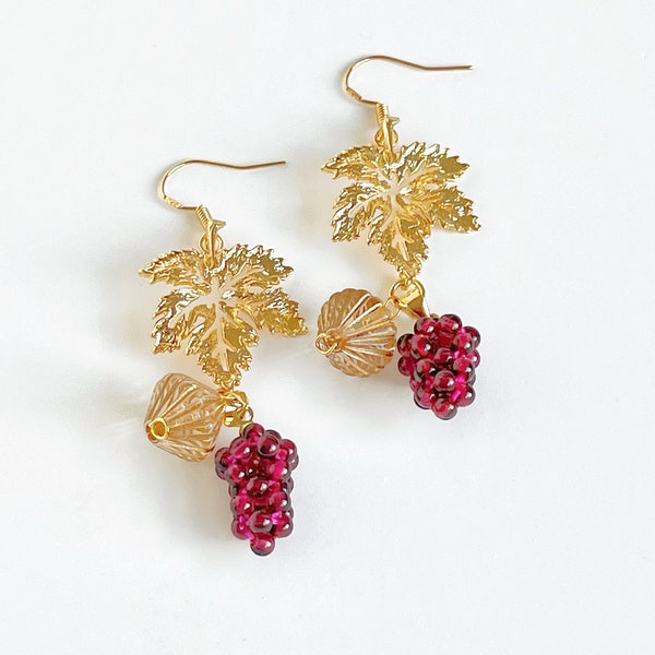 Garnet Grapes with Gold Leaf Earrings