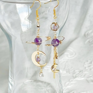 Amethyst Planet and Moon Earrings