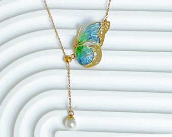 Handmade Blue Green Butterflies with Pearl Necklace