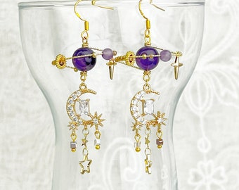 Amethyst Planet Crescent Moon Earrings