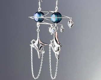 Silver Green Planet and Pole Star Earrings