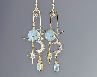 Aquamarine Planet Moon and Pole Star Earrings