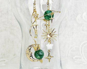 Emerald Green Lepidolite Planet Crown Moon and Sun Earrings