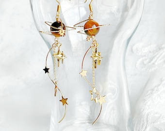 Tiger&#39;s Eye Jupiter Planet and Milky Walk Earrings