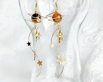 Tiger's Eye Jupiter Planet and Milky Walk Earrings