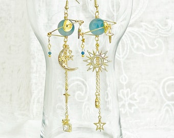 Blue Jadeite Stone Planet Moon and Star Earrings